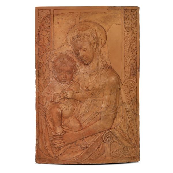 From a model attributed to Matteo Civitali, 19th century, Madonna with child, terracotta relief, 81x55x8,5 cm