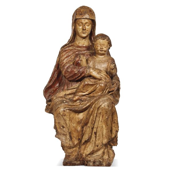 Venetian,16th century, Madonna with child, carved wood with traces of polychromy, 110x58x34 cm