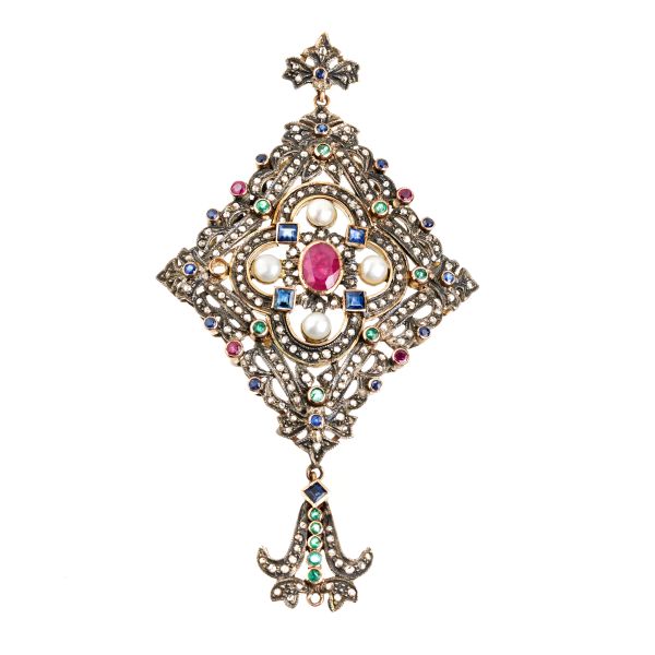 LONG MULTI GEM PENDANT IN GOLD AND SILVER 