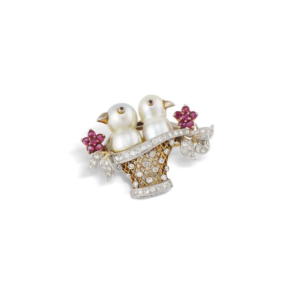SMALL BLOOMING BASKET PEARL AND MULTI GEM BROOCH IN 18KT TWO TONE GOLD