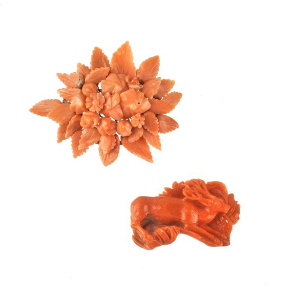 TWO CORAL BROOCHES IN METAL