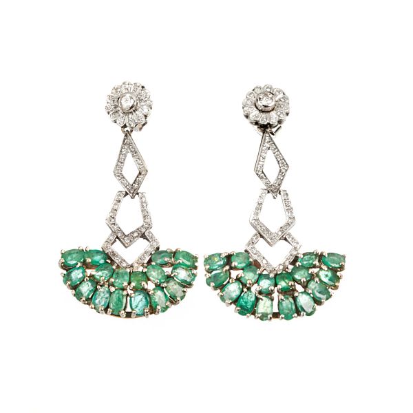 EMERALD AND DIAMOND DROP EARRINGS IN GOLD AND SILVER