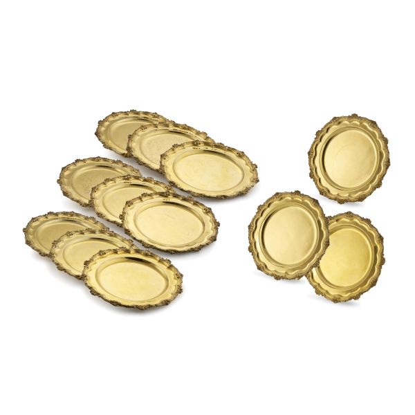 TWELVE STERLING GILDED SILVER SAUCERS, LONDON 1821, MARKS OF MICHAEL STARKEY