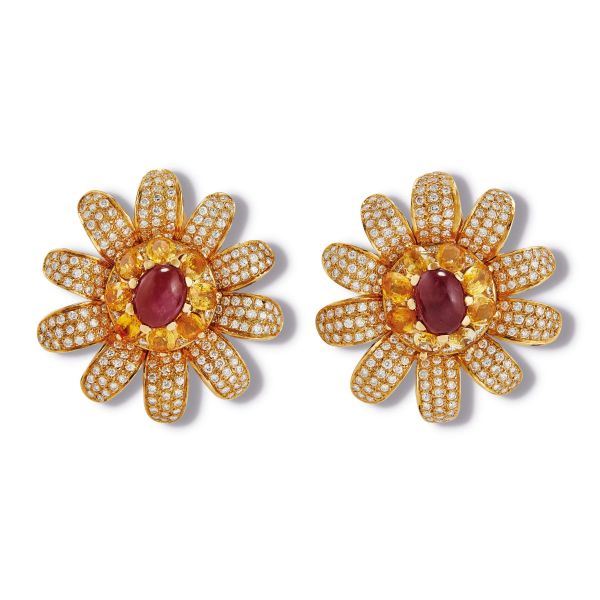



RUBY YELLOW SAPPHIRES AND DIAMOND FLORAL EARRINGS IN 18KT TWO TONE GOLD