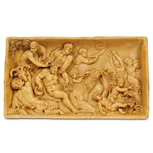 



German ceroplast, late 18th century, Bacchus with dancing satyrs and putti, wax relief