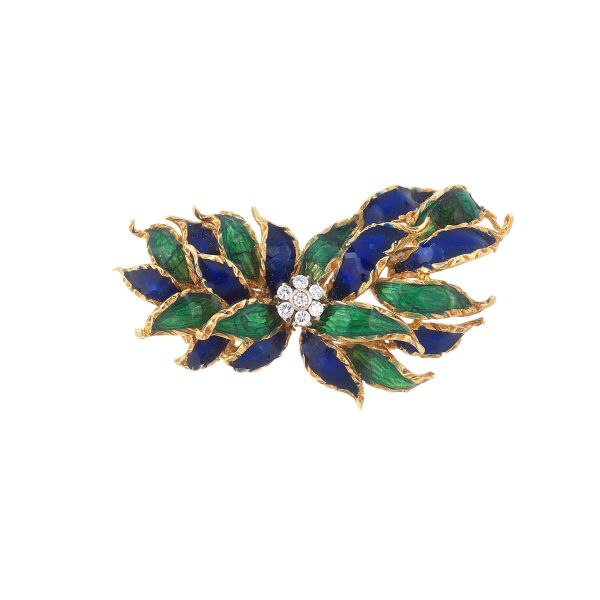 FLOWERING BRANCH-SHAPED DIAMOND BROOCH IN 18KT TWO TONE GOLD