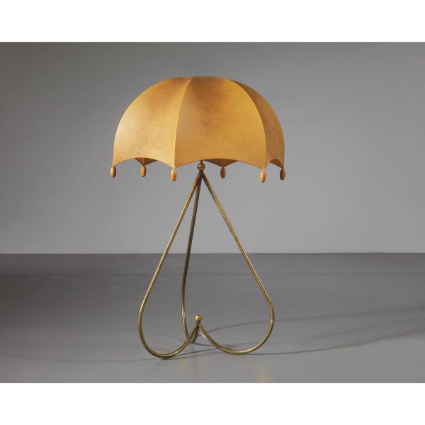 FLOOR LAMP, BRASS STRUCTURE, COCOON LAMPSHADE
