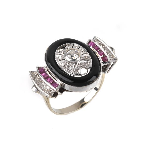 ONYX RUBY AND DIAMOND RING IN 18KT WHITE GOLD