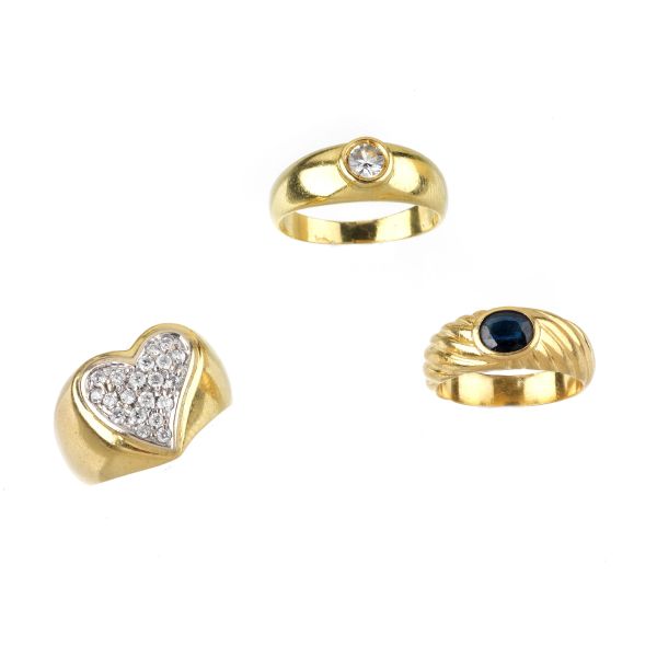 THREE SAPPHIRE AND SYNTHETIC STONE RINGS