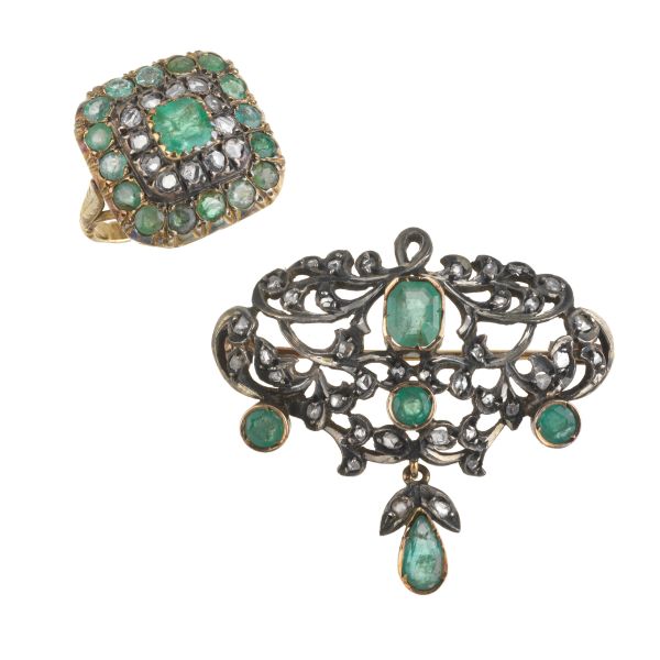 EMERALD AND DIAMOND RING AND BROOCH IN SILVER AND GOLD