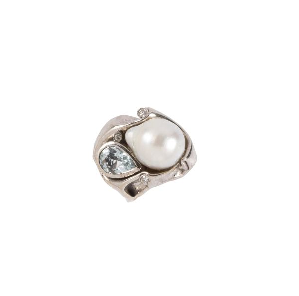 PEARL, ACQUAMARINE AND DIAMOND RING IN 18KT WHITE GOLD