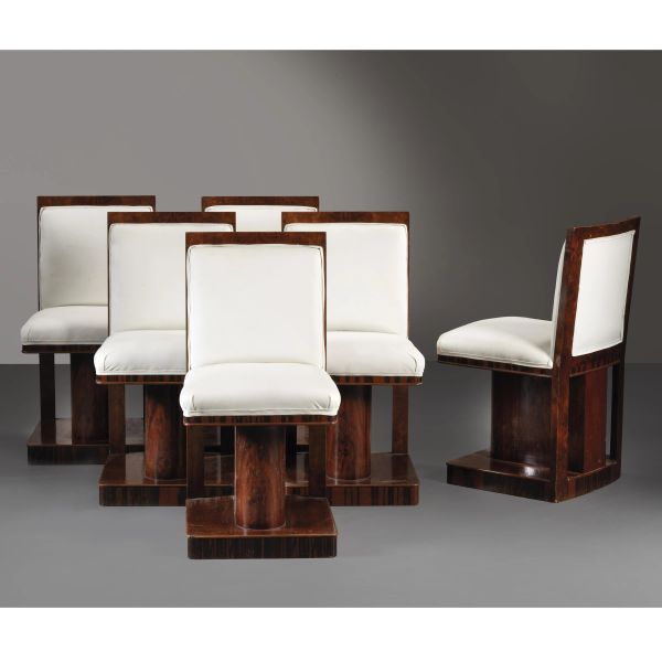 



SIX CHAIRS, WOODEN STRUCTURE, WHITE FABRIC UPHOLSTERED