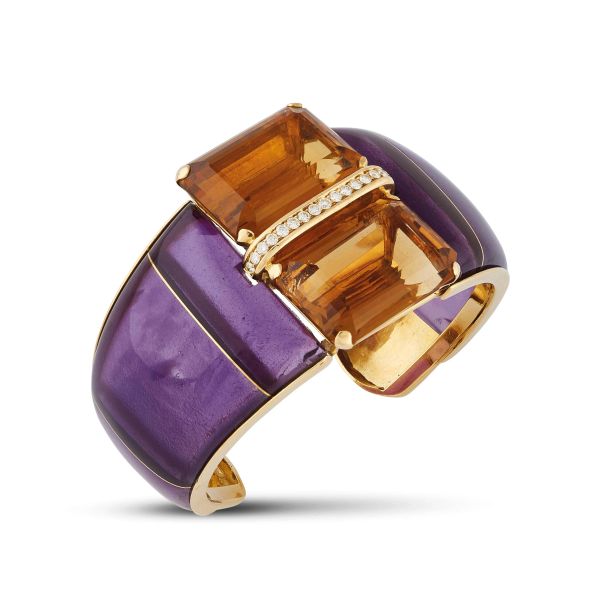 



VERONESI CITRINE QUARTZ AMETHYST AND DIAMOND WIDE BAND BANGLE BRACELET IN 18KT YELLOW GOLD