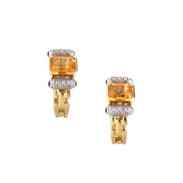 CITRINE QUARTZ AND DIAMOND CLIP EARRINGS IN 18KT TWO TONE GOLD