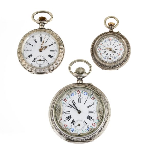 



THREE SILVER AND METAL POCKET WATCHES