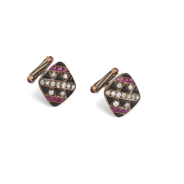 RUBY ONYX AND DIAMOND CUFFLINKS IN GOLD AND SILVER