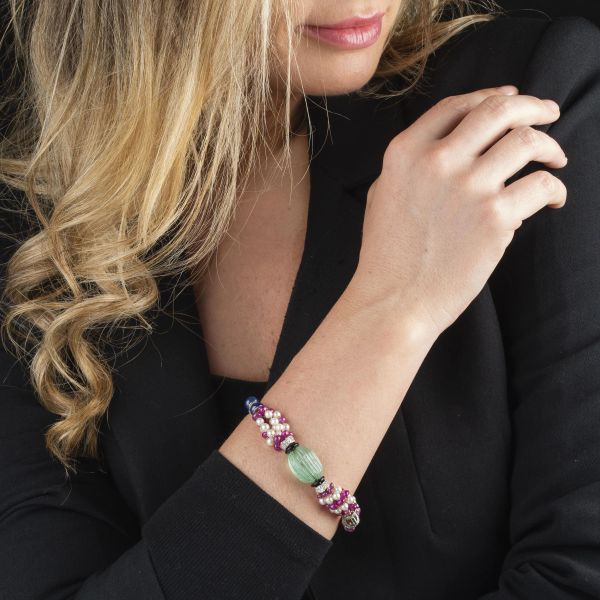 SCAVIA BRACCIALE CON PERLE SMERALDI RUBINI ZAFFIRI E DIAMANTI