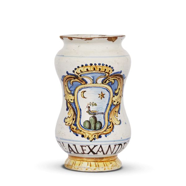 A PHARMACY JAR (ALBARELLO), CASTELLI, LATE 17TH CENTURY
