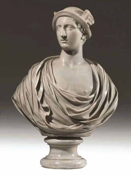 Scultura, sec. XIX, in marmo raffigurante Ermes, alt. cm 76, su piedistallo in marmo, alt. cm 19