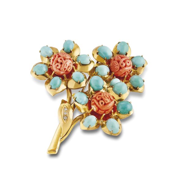      MORONI SPILLA A FORMA DI MAZZO FIORITO CON CORALLO INCISO TURCHESI E DIAMANTI 