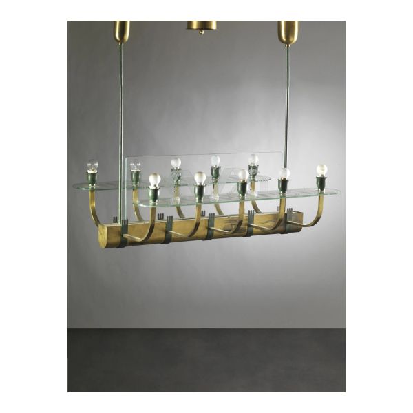 HANGING LAMP, BRASS AND GLASS STRUCTURE