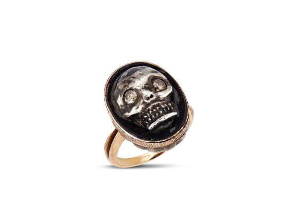 A.CODOGNATO ANELLO MEMENTO MORI IN ORO GIALLO E ARGENTO