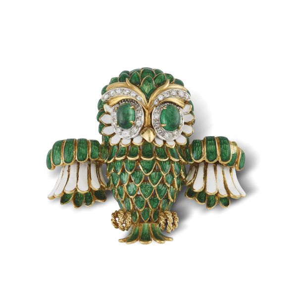 OWL-SHAPED ENAMELED BROOCH IN 18KT TWO TONE GOLD