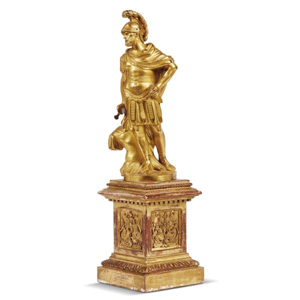 Roman, 18th century, Mars, gilt bronze, h. 20,5 cm, mounted on a plinth base in gilded wood, 33x9,5x9,5 cm (overall)