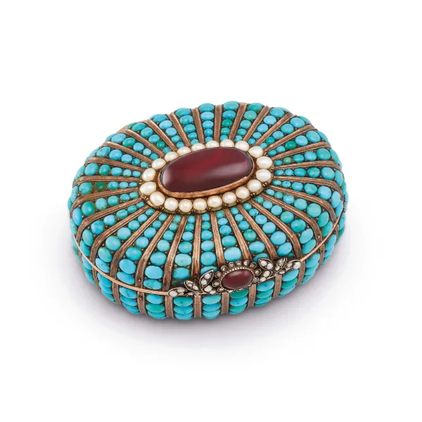



RARE SMALL TURQUOISE PEARL AND GARNET SNUFFBOX, RUSSIA, XIX CENTURY