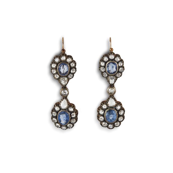 SAPPHIRE AND DIAMOND DROP EARRINGS IN SILVER AND GOLD