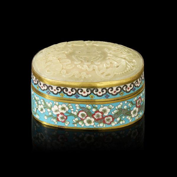 



A CLOISONN&Eacute; ENAMEL BOX WITH JADE INSET LID, CHINA, QING DYNASTY TO REPUBLIC PERIOD, 19 TH -20TH CENTURY