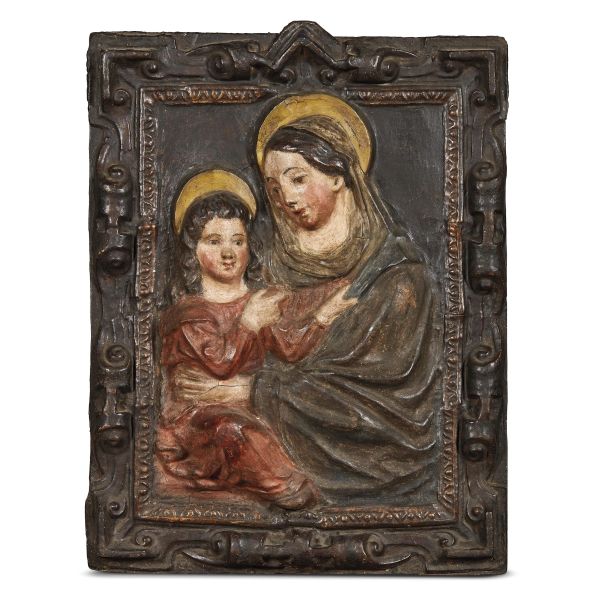 Tuscan, 17th century, Madonna with Child, leather relief painted in polychrome, 80x61,5 cm