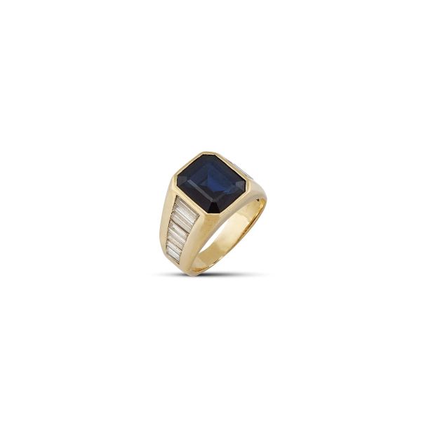 SAPPHIRE AND DIAMOND CHEVALIER RING IN 18KT YELLOW GOLD