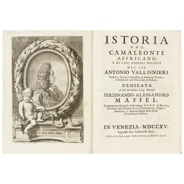 Vallisneri, Antonio. Opere diverse, cioè: istoria del camaleonte affricano e di varj animali d'Italia. Lezione accademica intorno l'origine delle fontane. Raccolta di varj trattati accresciuti con annotazioni e con giunte. Venezia, Ertz, 1715.