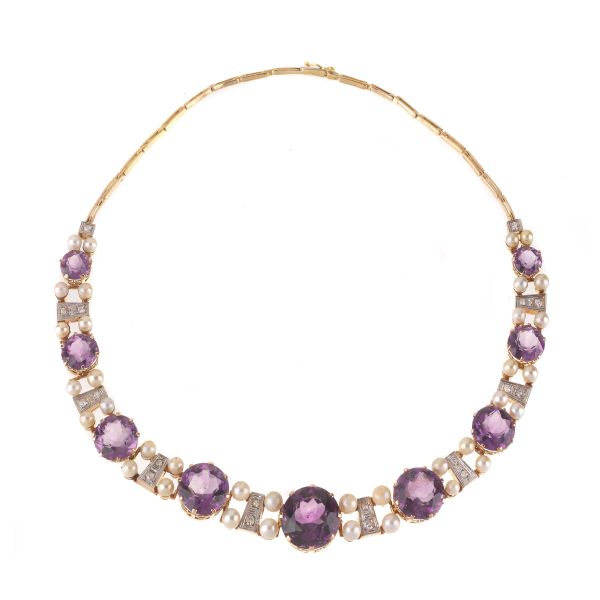 AMETHYST PEARL AND DIAMOND NECKLACE IN 18KT TWO TONE GOLD