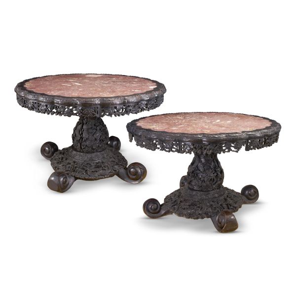 A PAIR OF HARDWOOD AND MARBLE ROUND TABLES, CHINA, QING DYNASTY, 19TH CENTURY 