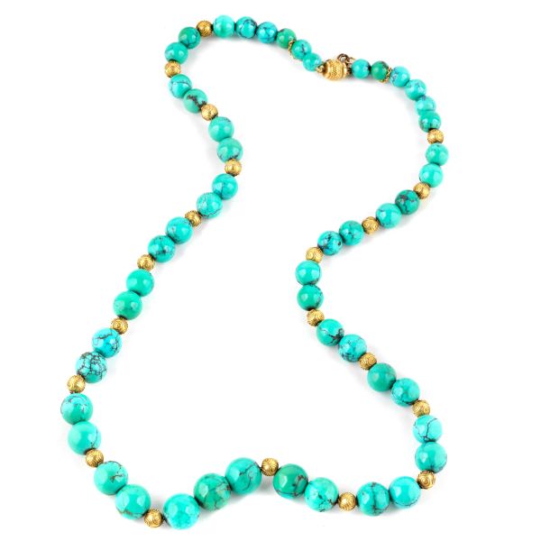 TURQUOISE NECKLACE IN GOLDEN METAL AND 18KT YELLOW GOLD