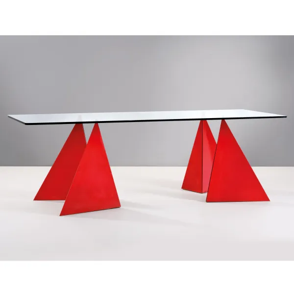 



TABLE, RED LACQUERED METAL BASES, GLASS TOP 