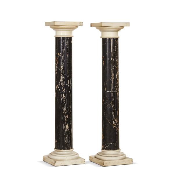 Central Italy, 19th century, A pair of columns, shaft in black Portoro marble, base and Doric capital in white marble, 110x23x23 cm
