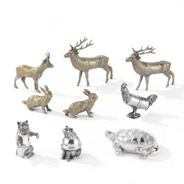 THREE SILVER SALT CELLARS, 20TH CENTURY; TWO SILVER PLATED METAL BOXES, 20TH CENTURY AND TWELVE GILDED BRONZE LITTLE ANIMALS, 20TH CENTURY