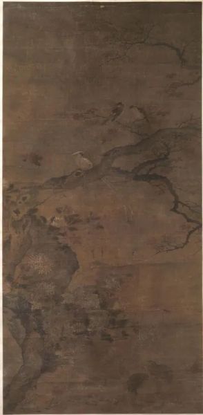  Dipinto, Cina sec. XVII,  su seta, raffigurante paesaggio con arbusti e uccelli, cm 136x65,  difetti  