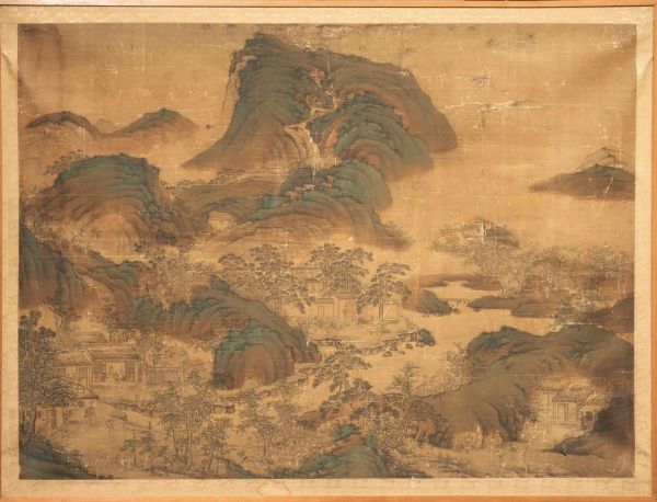 Dipinto, Cina Dinastia Ming sec. XVII, su seta, raffigurante&nbsp; paesaggio con figure cm 97.5x134, difetti