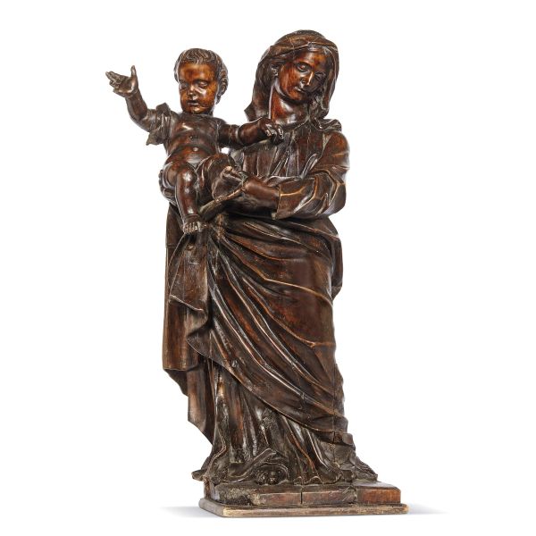 Venetian school, 17th century, Madonna with Child, carved and patinated wood