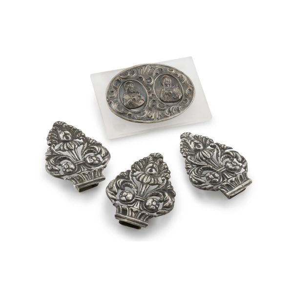 THREE SILVER FINALS FOR CROCE AND A SMALL SILVER PLAQUE GENOA, 18TH CENTURY