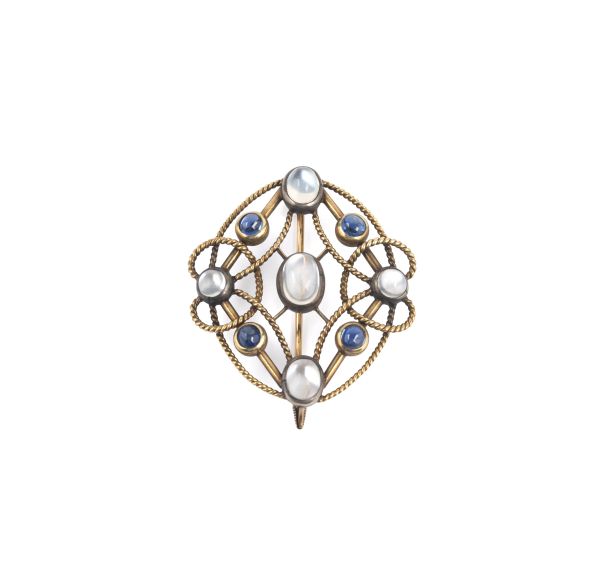 MOONSTONE BROOCH IN 18KT TWO TONE GOLD AND METAL
