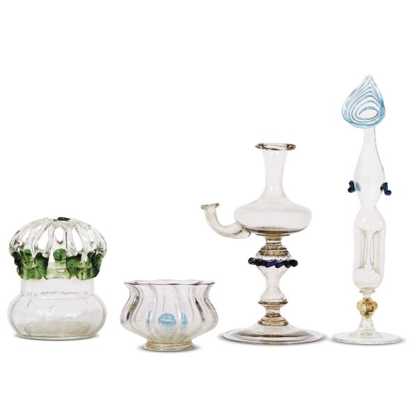 A VENETIAN AMPOULE, A LAMP AND TWO SMALL VASES, 18TH AND 19TH CENTURIES