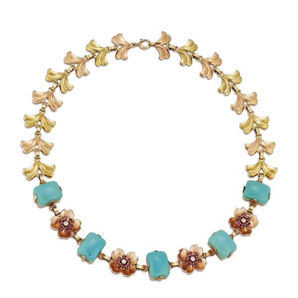 TIFFANY &amp; CO TURQUOISE RUBY AND DIAMOND FLORAL NECKLACE IN 14KT GOLD