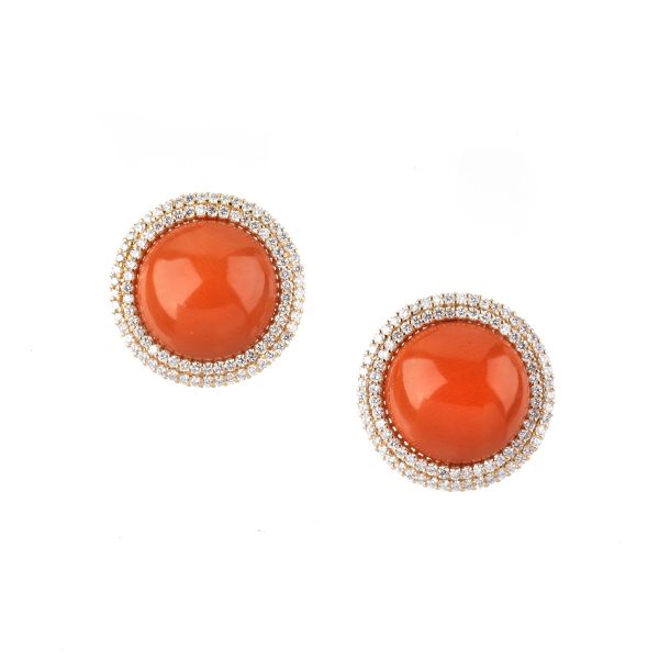 CORAL AND DIAMOND EARRINGS IN 18KT TWO TONE GOLD