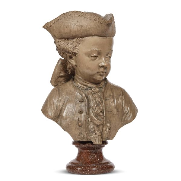 



French School, 18th century, a bust of young man with hat, patinated terracotta 
