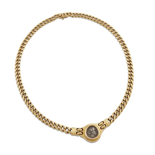 Bulgari - BULGARI CURB CHAIN NECKLACE IN 18KT YELLOW GOLD WITH A COIN